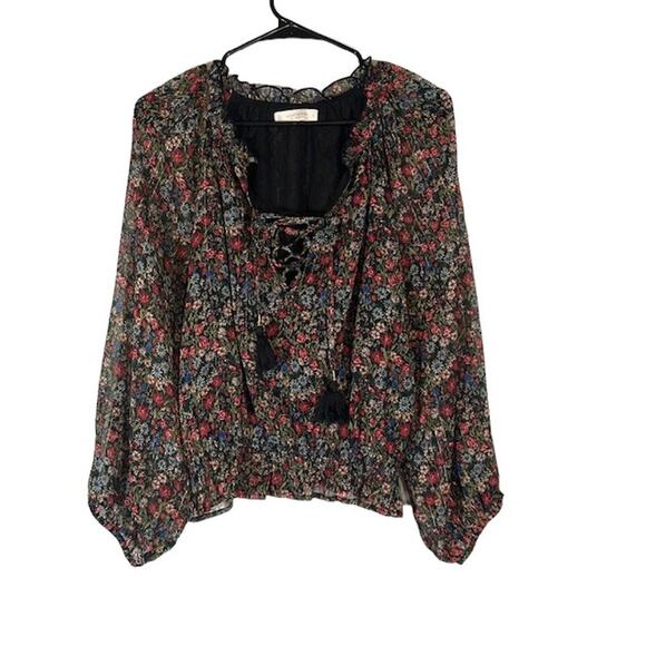 Lucky Brand Brown Floral Lace Up Front Tassel Boho Stylish Blouse Women Sz S - Picture 1 of 10